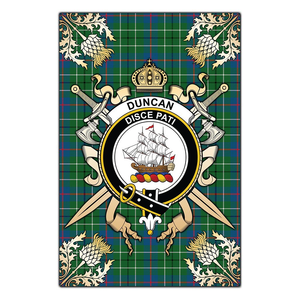 Clan Duncan Ancient Tartan Crest Black Garden Flag  - Gold Thistle  VB18 Clan Duncan Tartan Today   