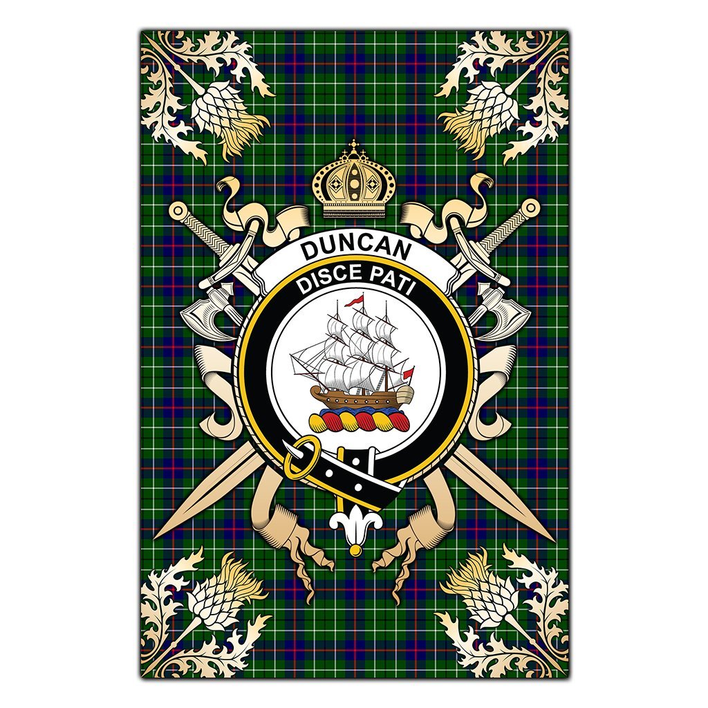 Clan Duncan Modern Tartan Crest Black Garden Flag  - Gold Thistle  MP24 Clan Duncan Tartan Today   