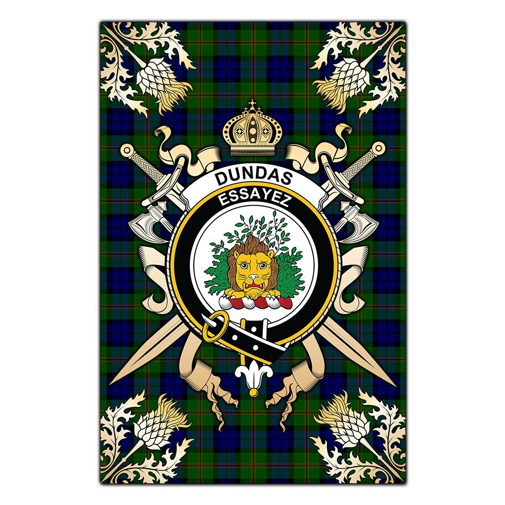 Clan Dundas Modern Tartan Crest Black Garden Flag  - Gold Thistle  XC52 Clan Dundas Tartan Today   