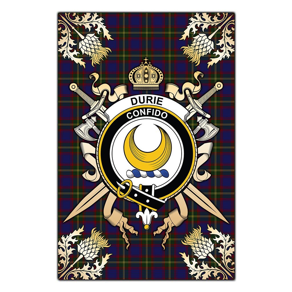 Clan Durie Tartan Crest Black Garden Flag  - Gold Thistle  JB10 Clan Durie Tartan Today   