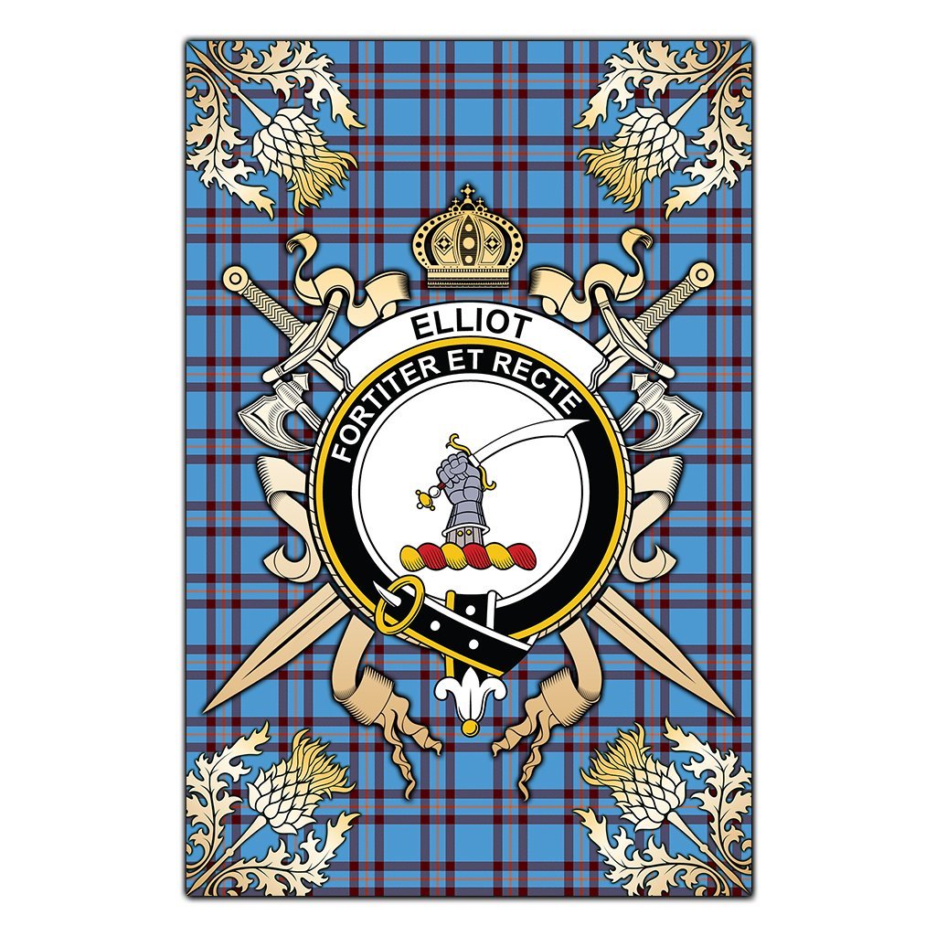 Clan Elliot Ancient Tartan Crest Black Garden Flag  - Gold Thistle  WX30 Clan Elliot Tartan Today   