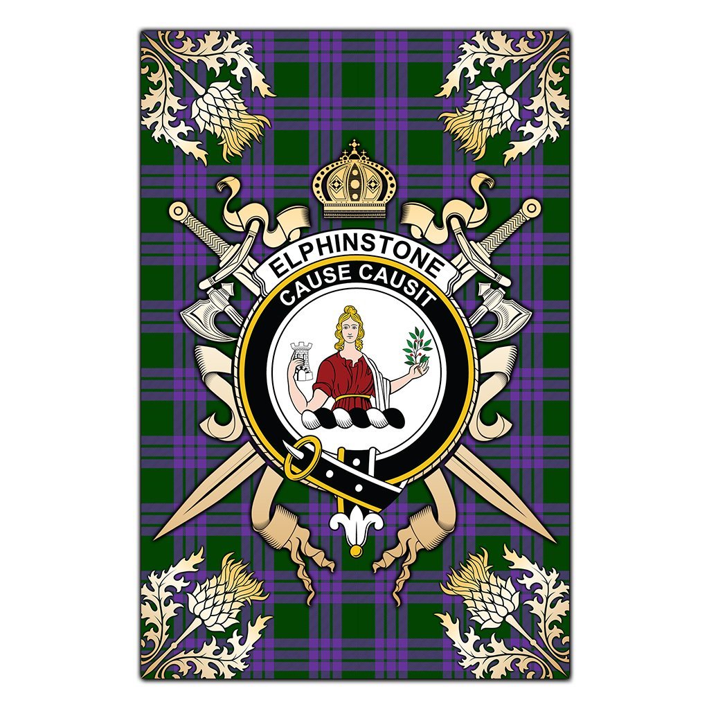 Clan Elphinstone Tartan Crest Black Garden Flag  - Gold Thistle  II29 Clan Elphinstone Tartan Today   