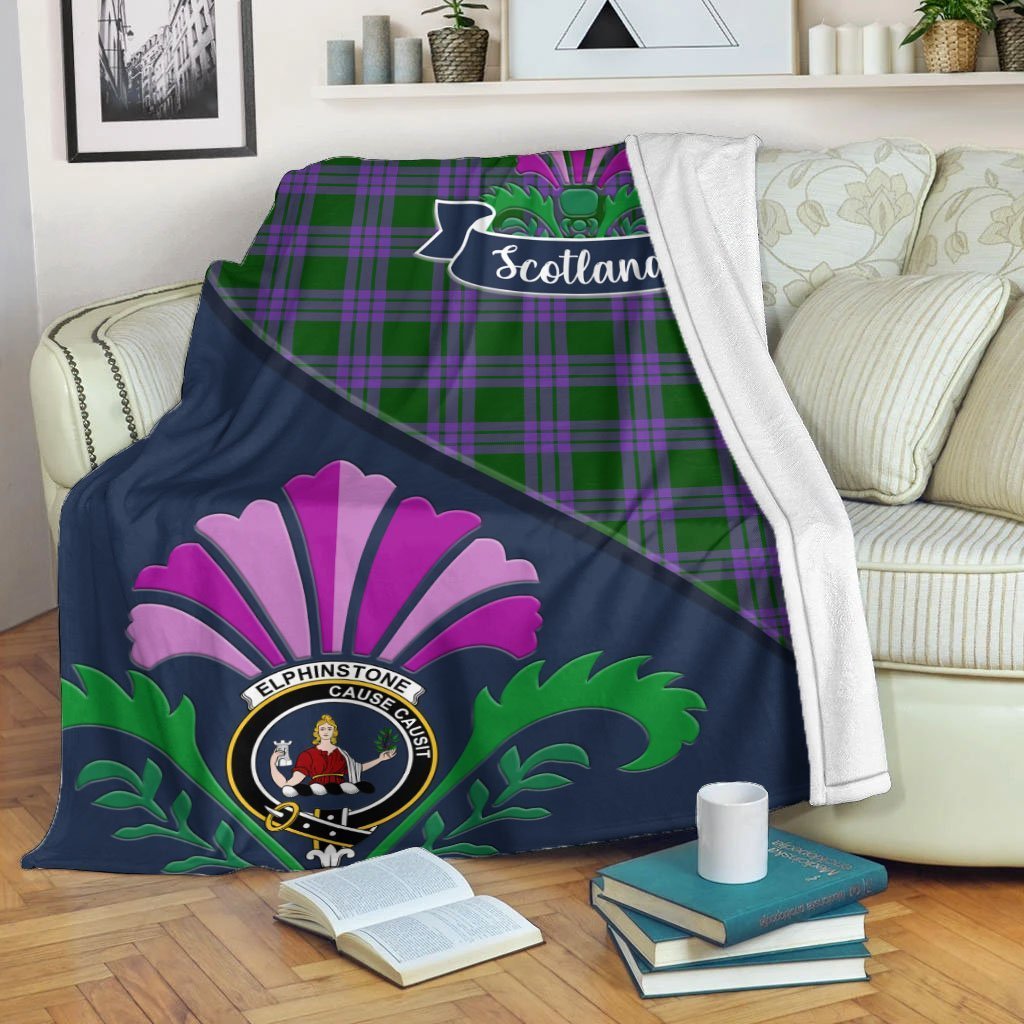 Clan Elphinstone Tartan Crest Premium Blanket Thistle Style AC94 Clan Elphinstone Tartan Today   