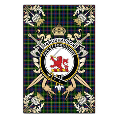 Clan Farquharson Modern Tartan Crest Black Garden Flag  - Gold Thistle  II89 Clan Farquharson Tartan Today   