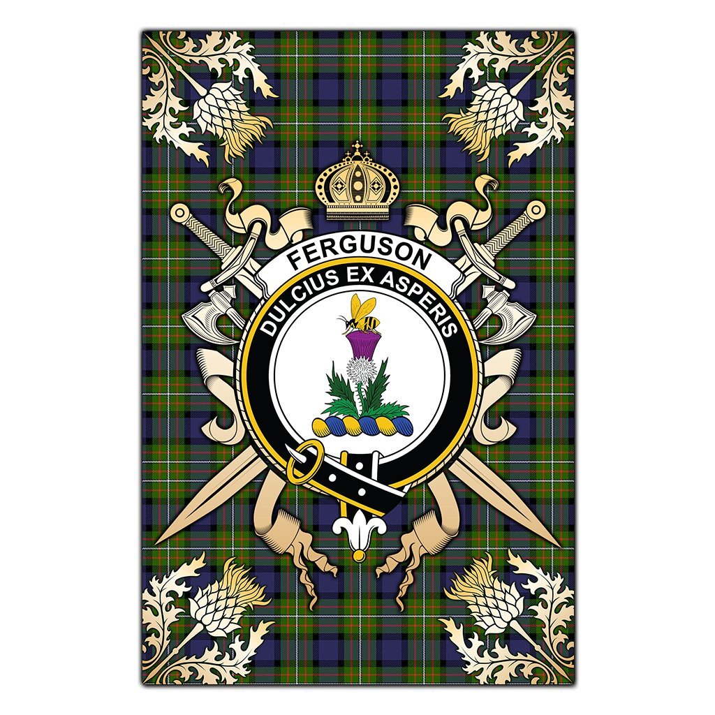 Clan Ferguson Modern Tartan Crest Black Garden Flag  - Gold Thistle  GB92 Clan Garden Tartan Today   