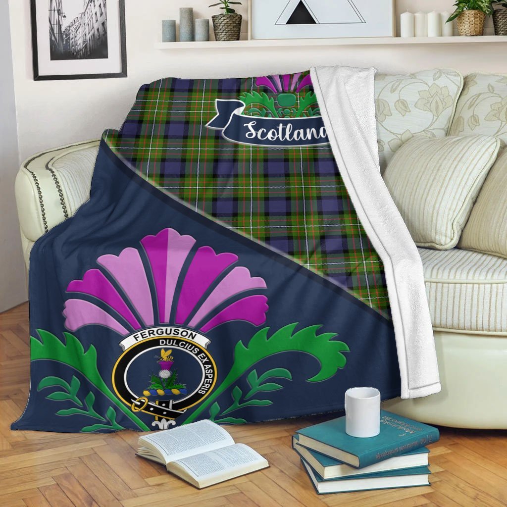 Clan Fergusson Tartan Crest Premium Blanket Thistle Style LS50 Clan Fergusson Tartan Today   