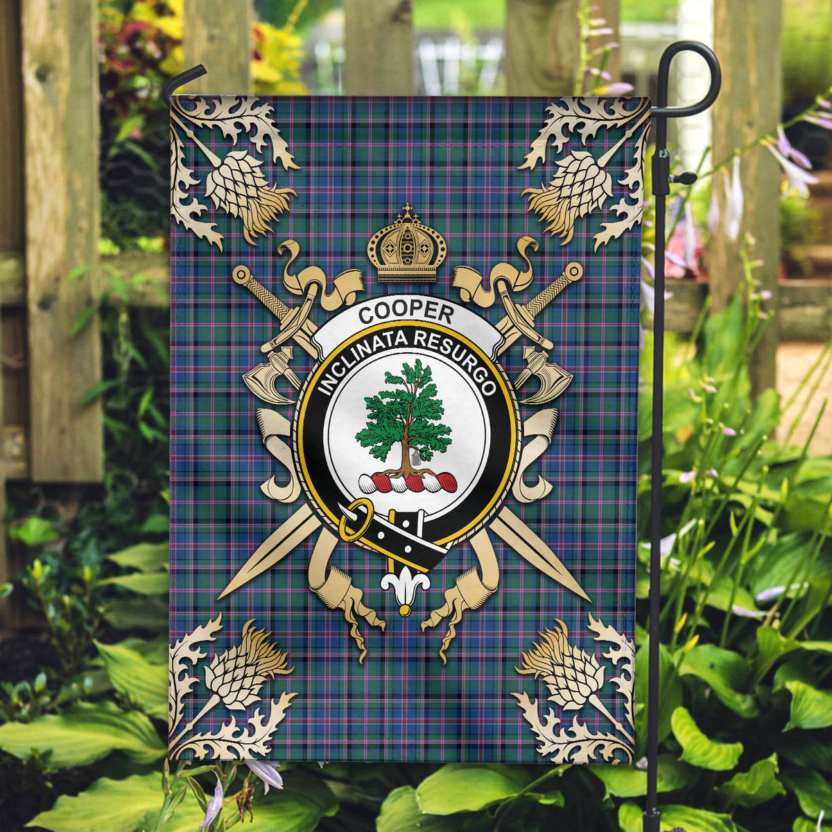 Clan Cooper Ancient Tartan Crest 2 Garden Flag  - Gold Thistle  RR72 Clan Cooper Tartan Today   