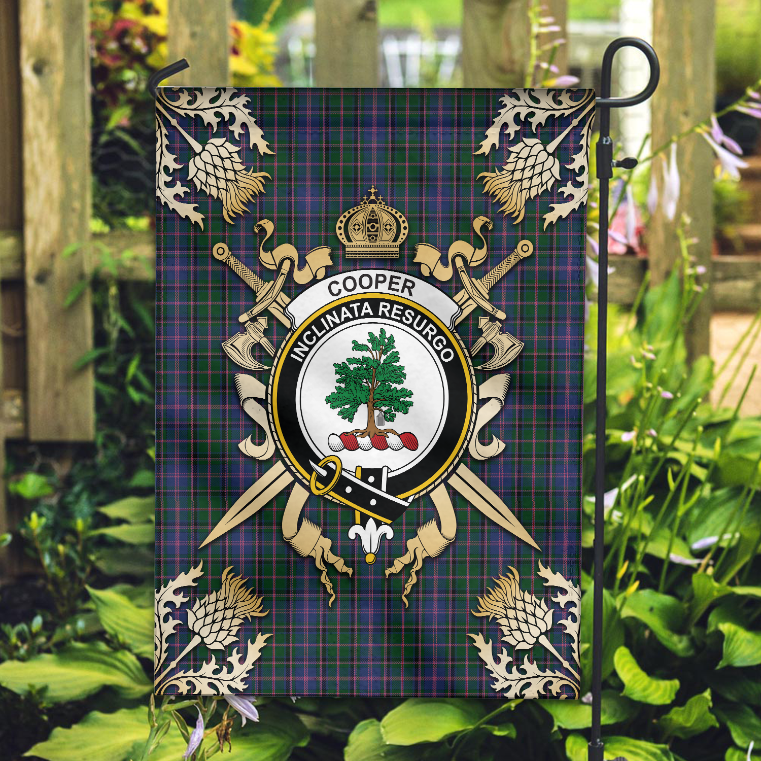 Clan Cooper Tartan Crest 2 Garden Flag  - Gold Thistle  TX70 Clan Cooper Tartan Today   