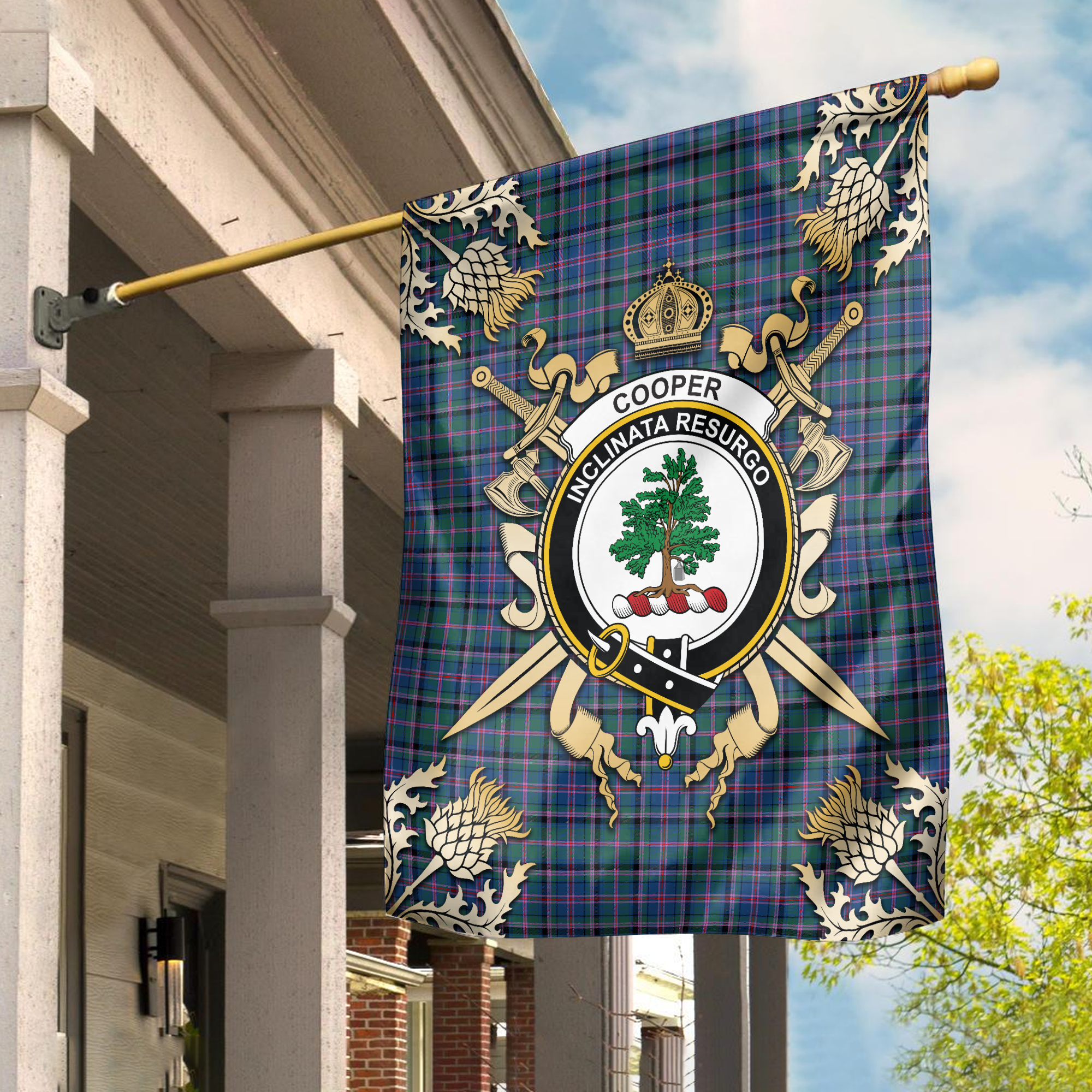 Clan Cooper Ancient Tartan Crest 2 Garden Flag  - Gold Thistle  RR72 Clan Cooper Tartan Today   