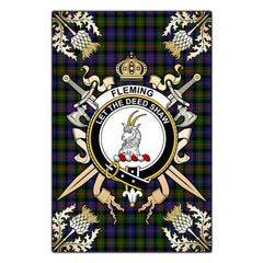 Clan Fleming Tartan Crest Black Garden Flag  - Gold Thistle  BX42 Clan Fleming Tartan Today   