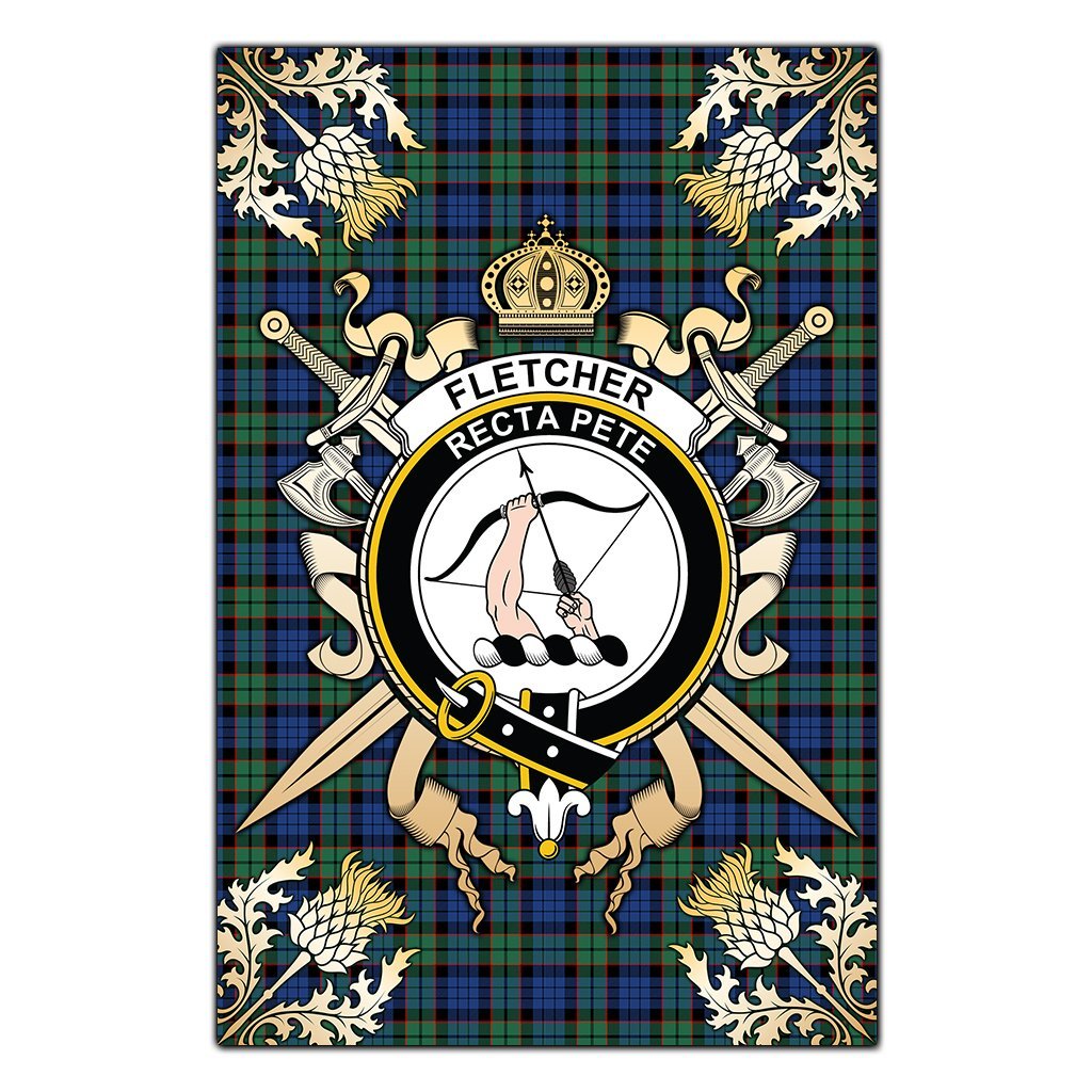 Clan Fletcher Ancient Tartan Crest Black Garden Flag  - Gold Thistle  AU48 Clan Fletcher Tartan Today   