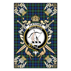 Clan Fletcher Ancient Tartan Crest Black Garden Flag  - Gold Thistle  AU48 Clan Fletcher Tartan Today   