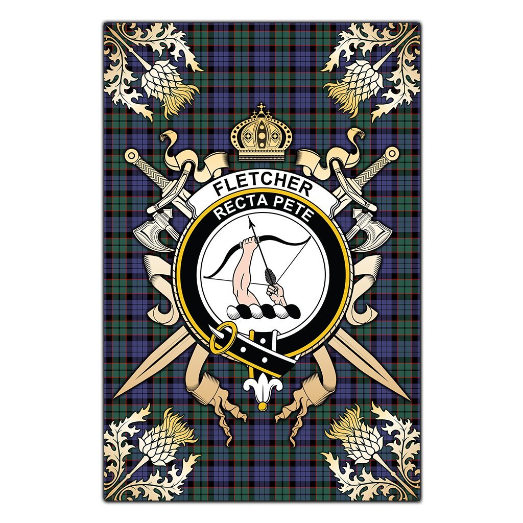 Clan Fletcher Modern Tartan Crest Black Garden Flag  - Gold Thistle  HI19 Clan Fletcher Tartan Today   