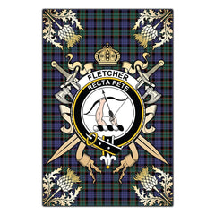 Clan Fletcher Modern Tartan Crest Black Garden Flag  - Gold Thistle  HI19 Clan Fletcher Tartan Today   