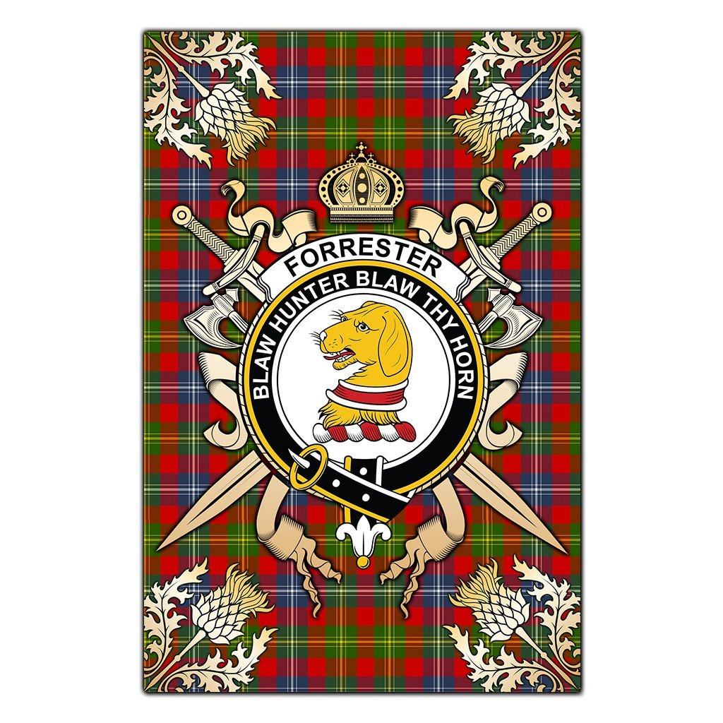 Clan Forrester Tartan Crest Black Garden Flag  - Gold Thistle  HR59 Clan Forrester Tartan Today   