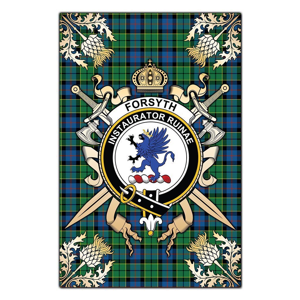 Clan Forsyth Ancient Tartan Crest Black Garden Flag  - Gold Thistle  RE79 Clan Forsyth Tartan Today   