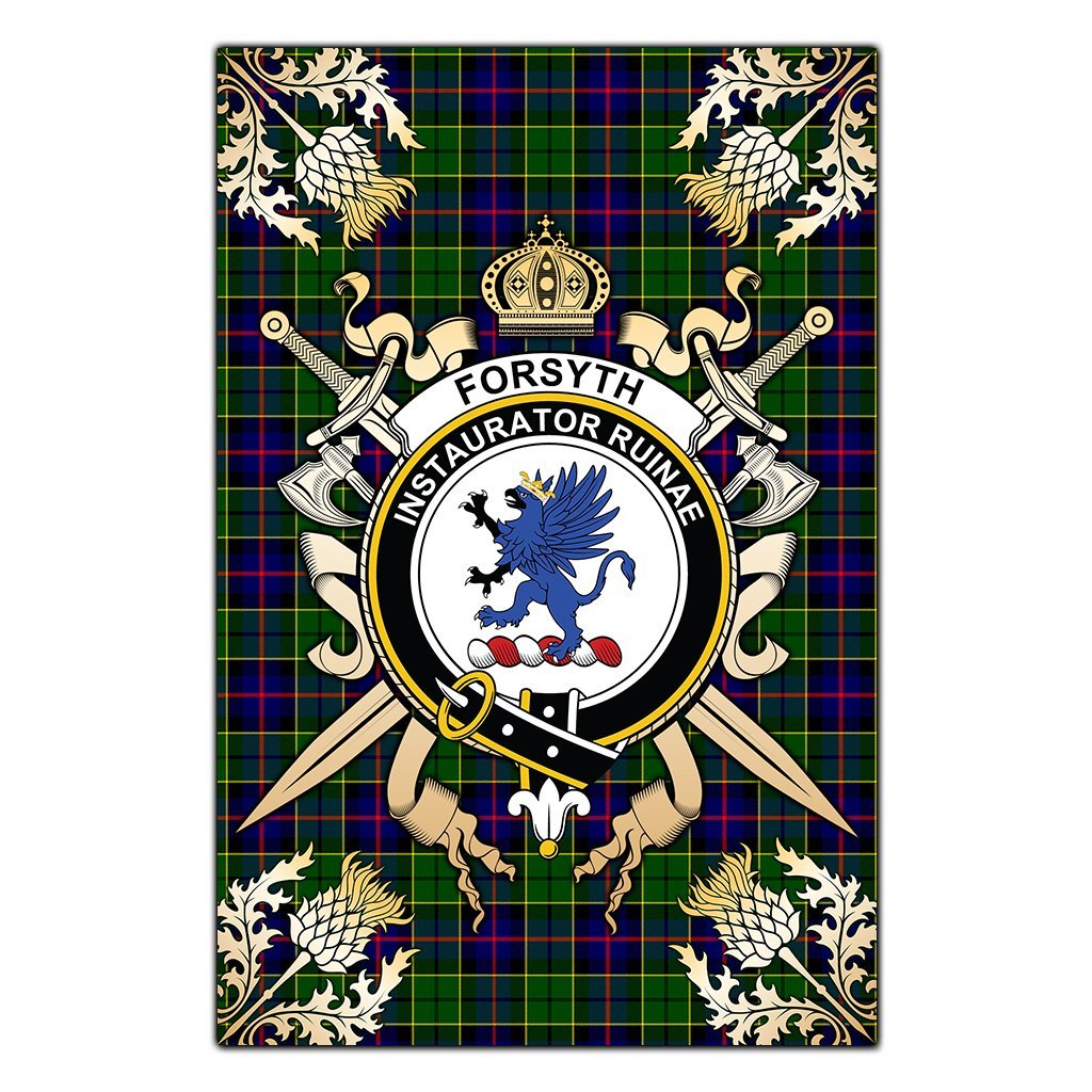 Clan Forsyth Modern Tartan Crest Black Garden Flag  - Gold Thistle  JM11 Clan Forsyth Tartan Today   