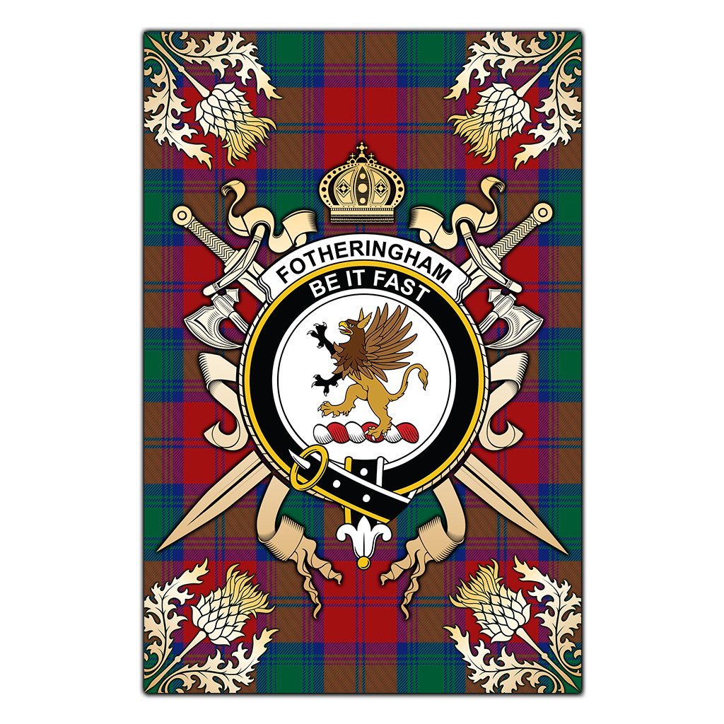 Clan Fotheringham Modern Tartan Crest Black Garden Flag  - Gold Thistle  NW11 Clan Fotheringham Tartan Today   