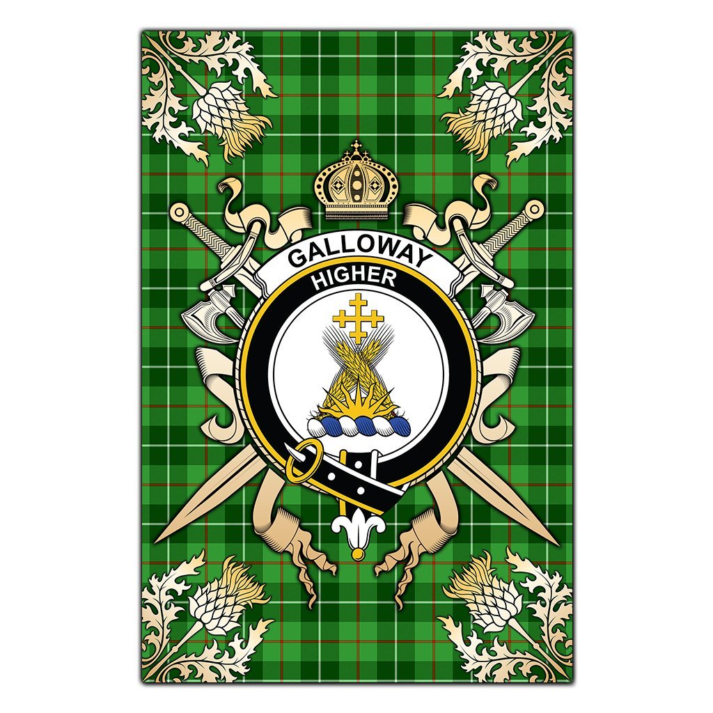 Clan Galloway Tartan Crest Black Garden Flag  - Gold Thistle  MK94 Clan Galloway Tartan Today   