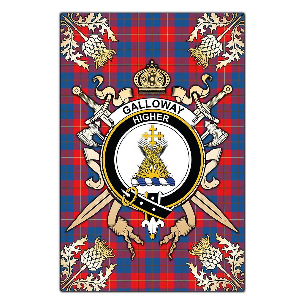 Clan Galloway Red Tartan Crest Black Garden Flag  - Gold Thistle  CG11 Clan Galloway Tartan Today   