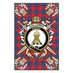 Clan Galloway Red Tartan Crest Black Garden Flag  - Gold Thistle  CG11 Clan Galloway Tartan Today   