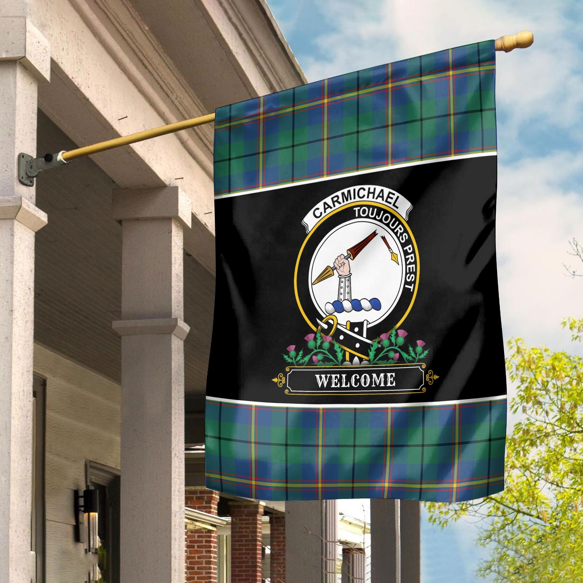 Clan Carmichael Ancient Tartan Crest Garden Flag  - Welcome  FO85 Clan Carmichael Tartan Today   