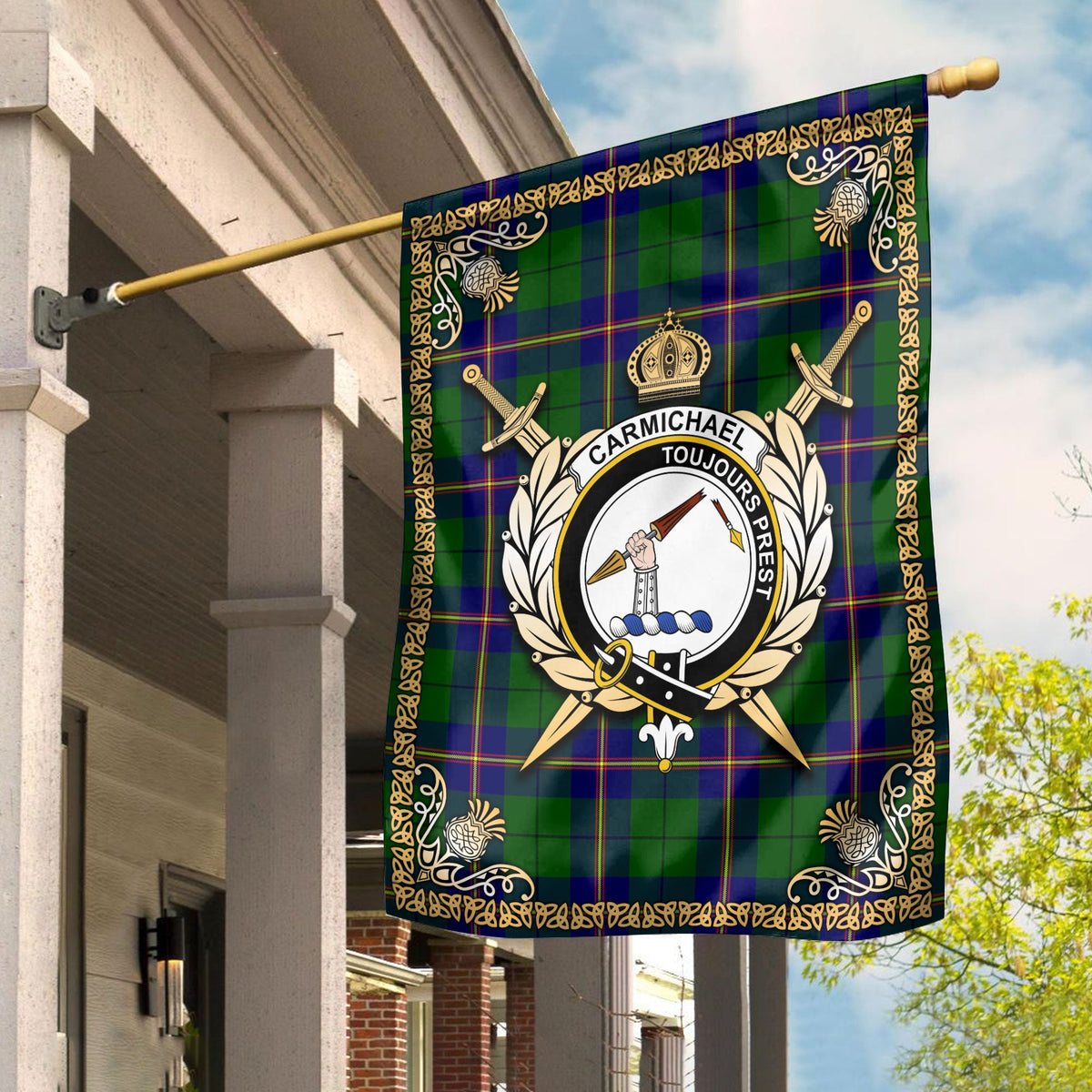 Clan Carmichael Modern Tartan Crest Garden Flag  - Celtic Thistle  RE46 Clan Carmichael Tartan Today   