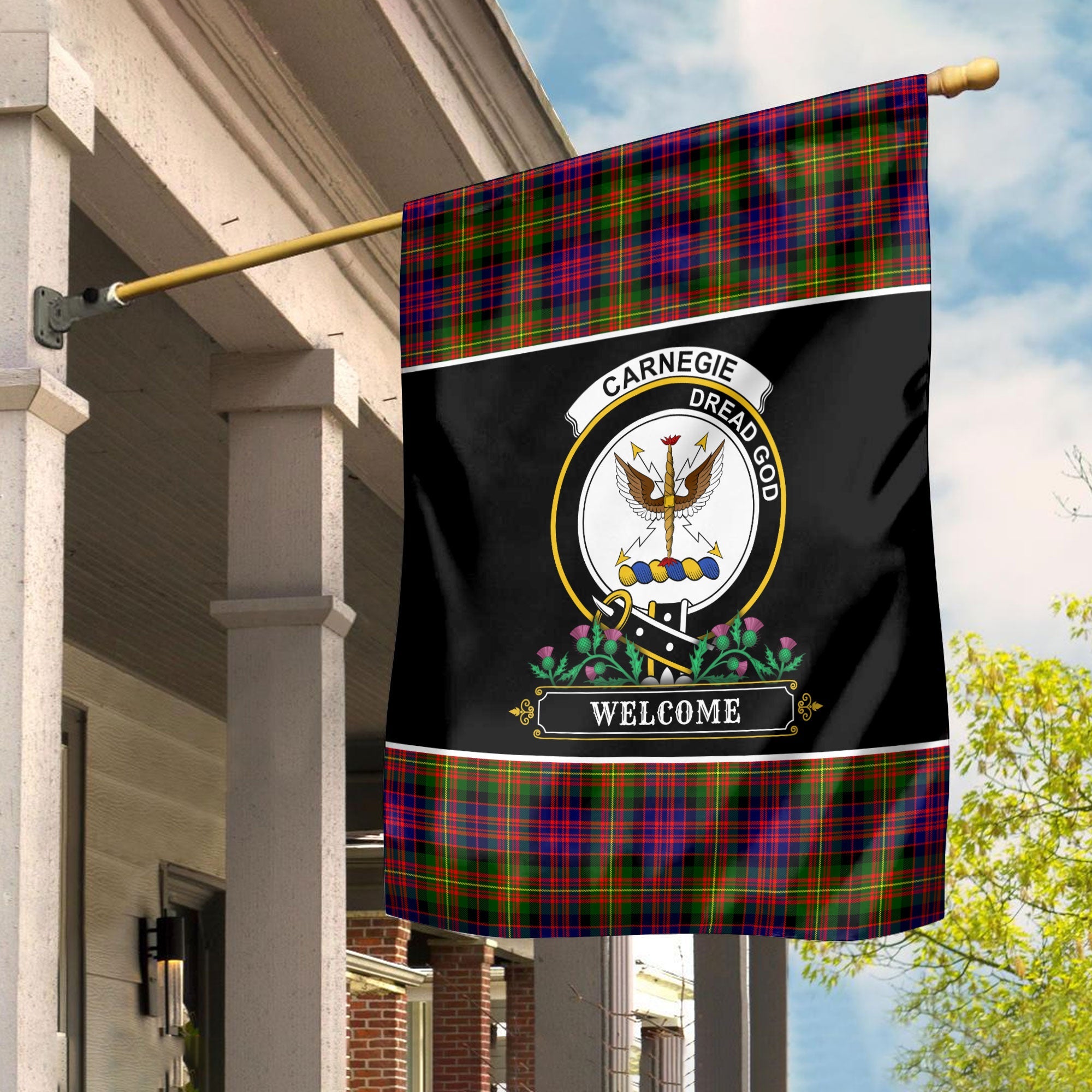 Clan Clan Carnegie Modern Tartan Crest Garden Flag  - Welcome  IA16 Clan Carnegie Tartan Today   