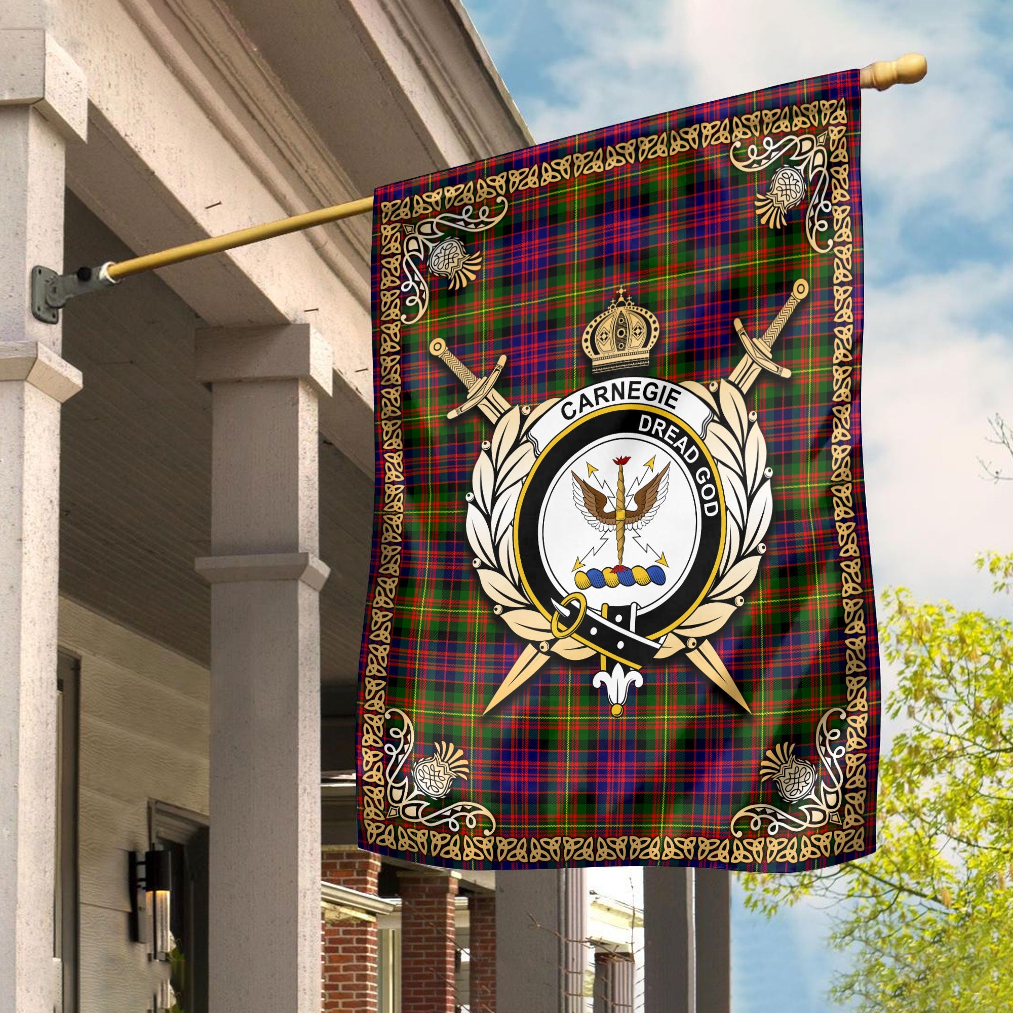 Clan Carnegie Modern Tartan Crest Garden Flag  - Celtic Thistle  MB45 Clan Carnegie Tartan Today   