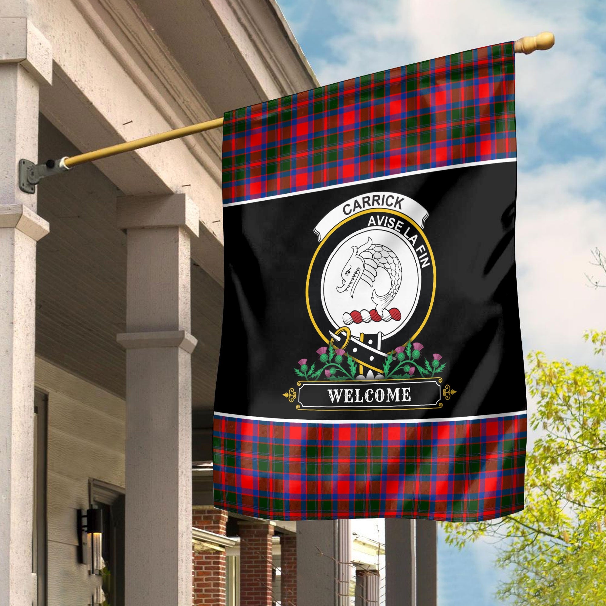 Clan Carrick District Tartan Crest Garden Flag  - Welcome  RH59 Clan Hall Tartan Today   