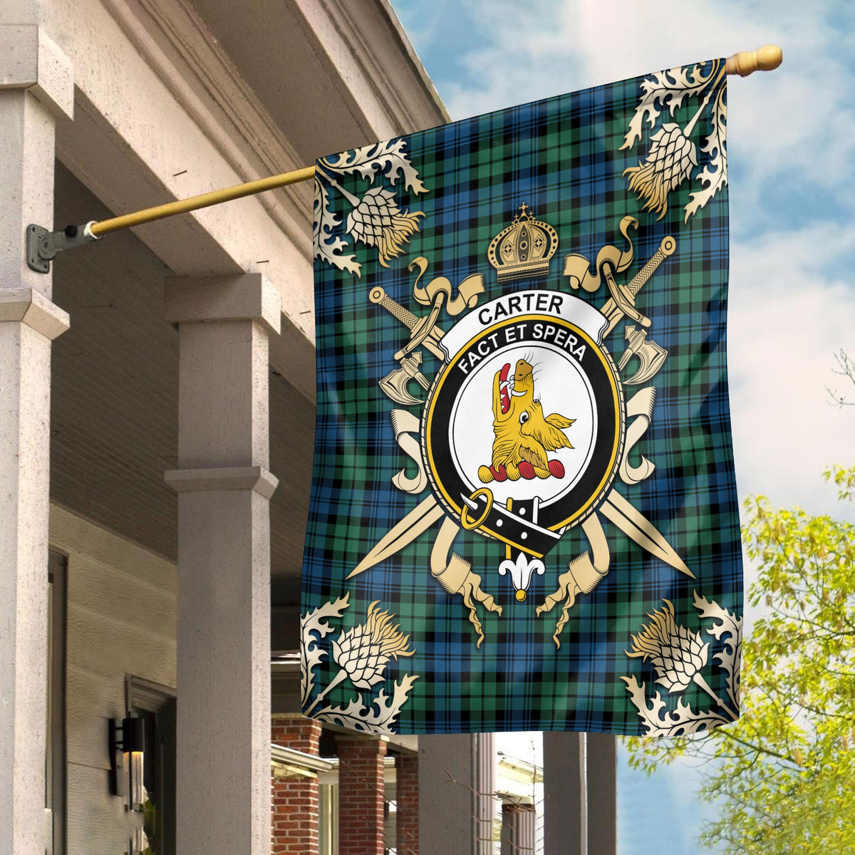 Clan Carter Tartan Crest Black Garden Flag  - Gold Thistle  JF50 Clan Hall Tartan Today   