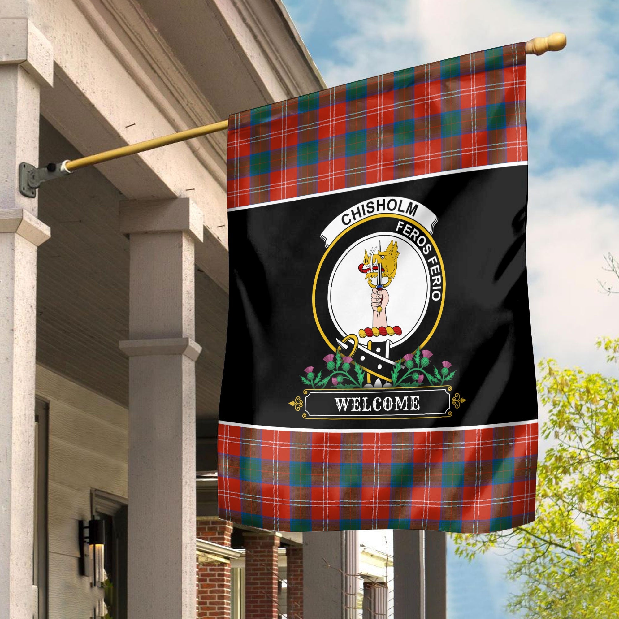 Clan Chisholm Ancient Tartan Crest Garden Flag  - Welcome  GB27 Clan Chisholm Tartan Today   