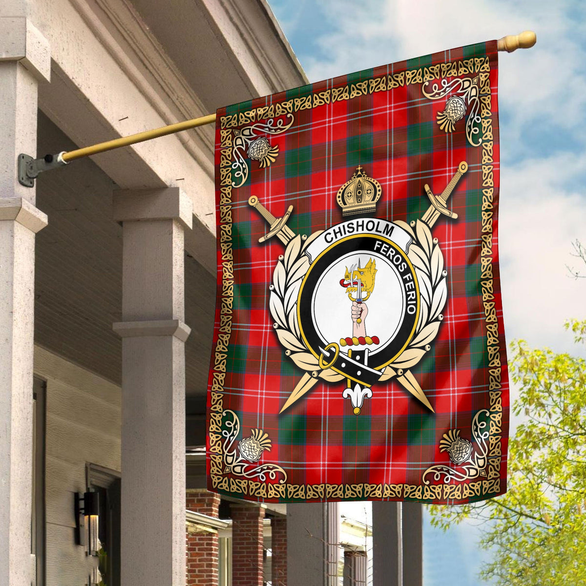 Clan Chisholm Modern Tartan Crest Garden Flag  - Celtic Thistle  KT15 Clan Chisholm Tartan Today   