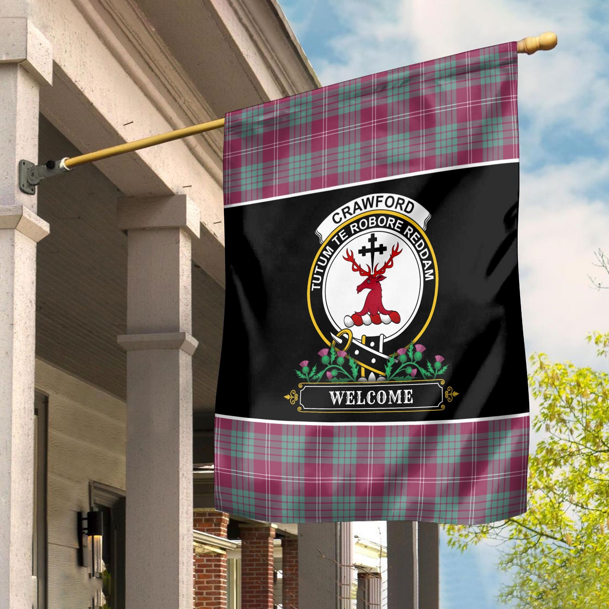 Clan Crawford Ancient Tartan Crest Garden Flag  - Welcome  TK70 Clan Crawford Tartan Today   