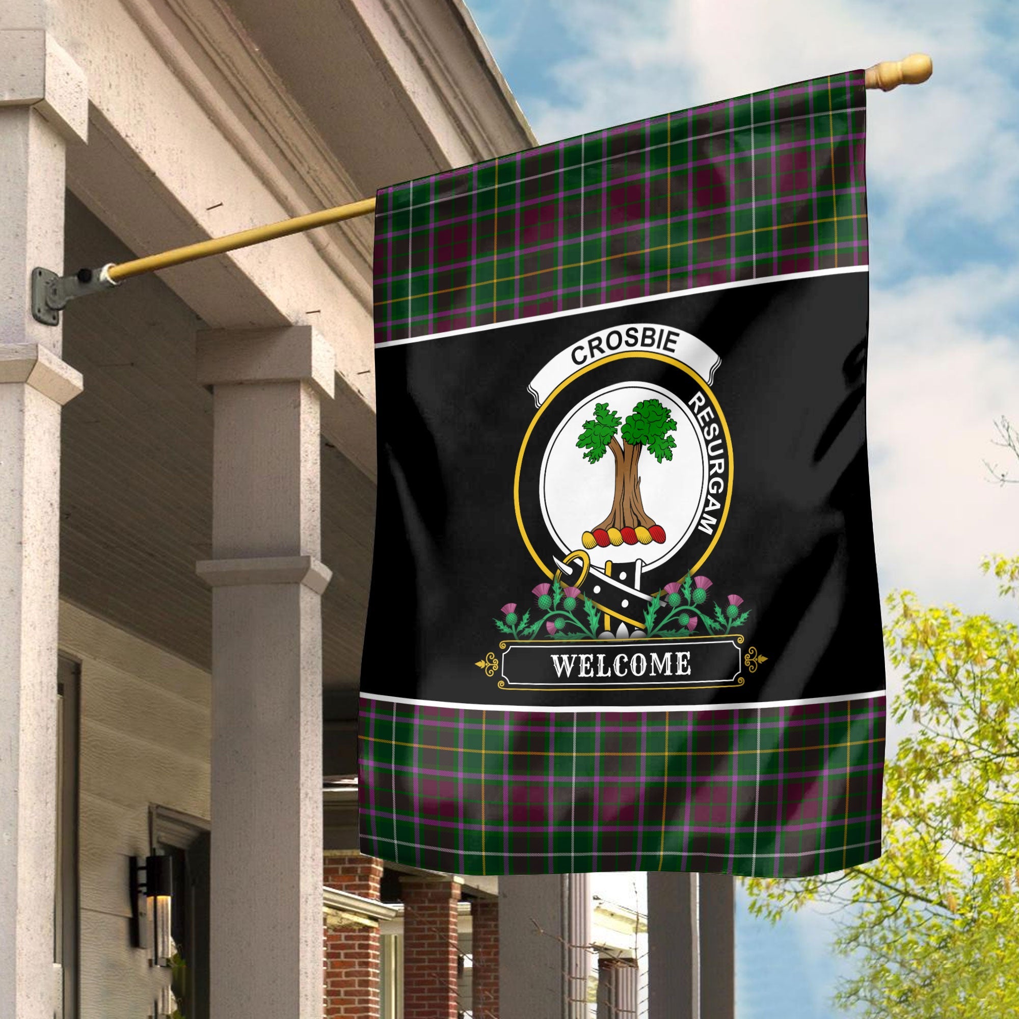 Clan Crosbie (or Crosby) Tartan Crest Garden Flag  - Welcome  BI10 Clan Crosbie Tartan Today   