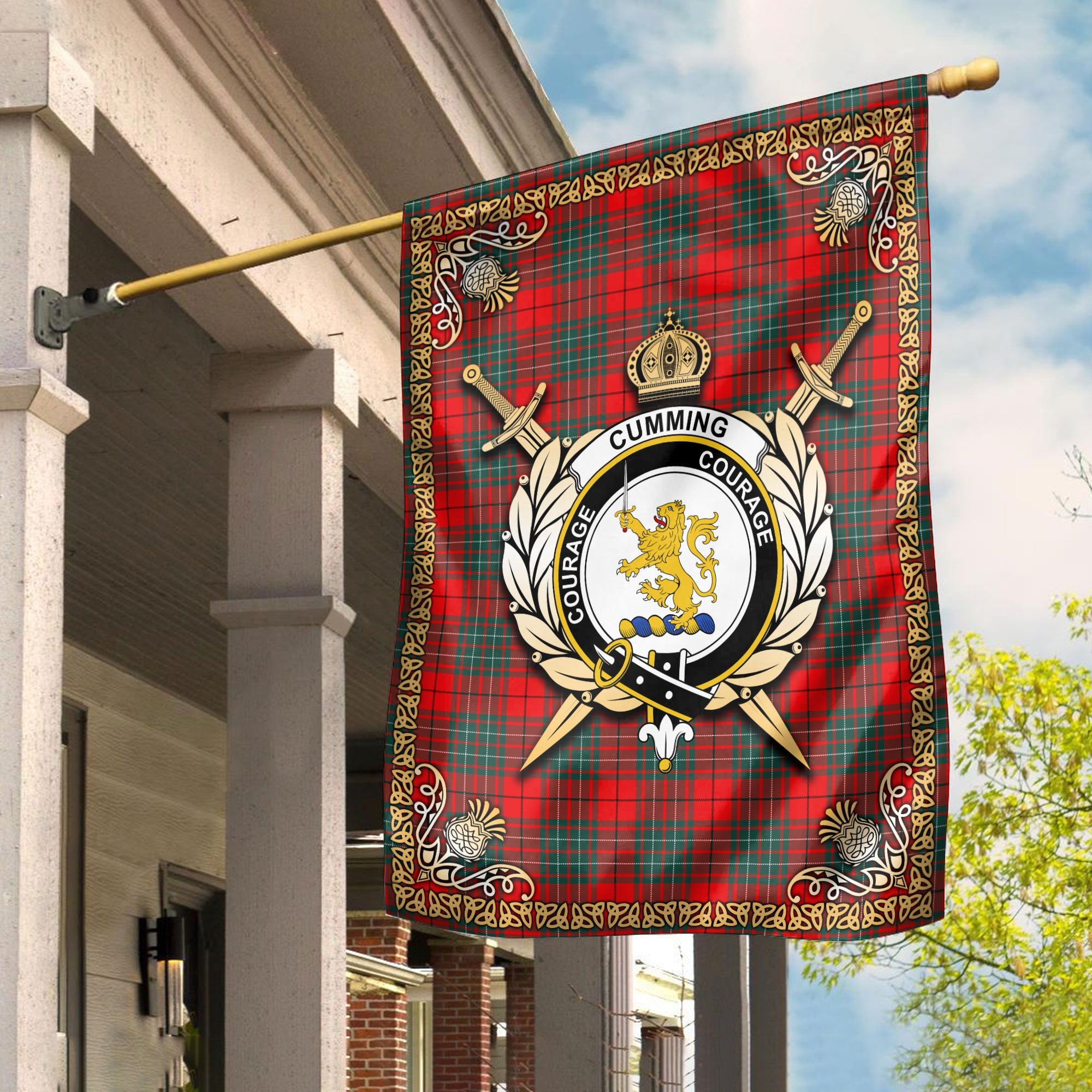 Clan Cumming Modern Tartan Crest Garden Flag  - Celtic Thistle  PD74 Clan Cumming Tartan Today   