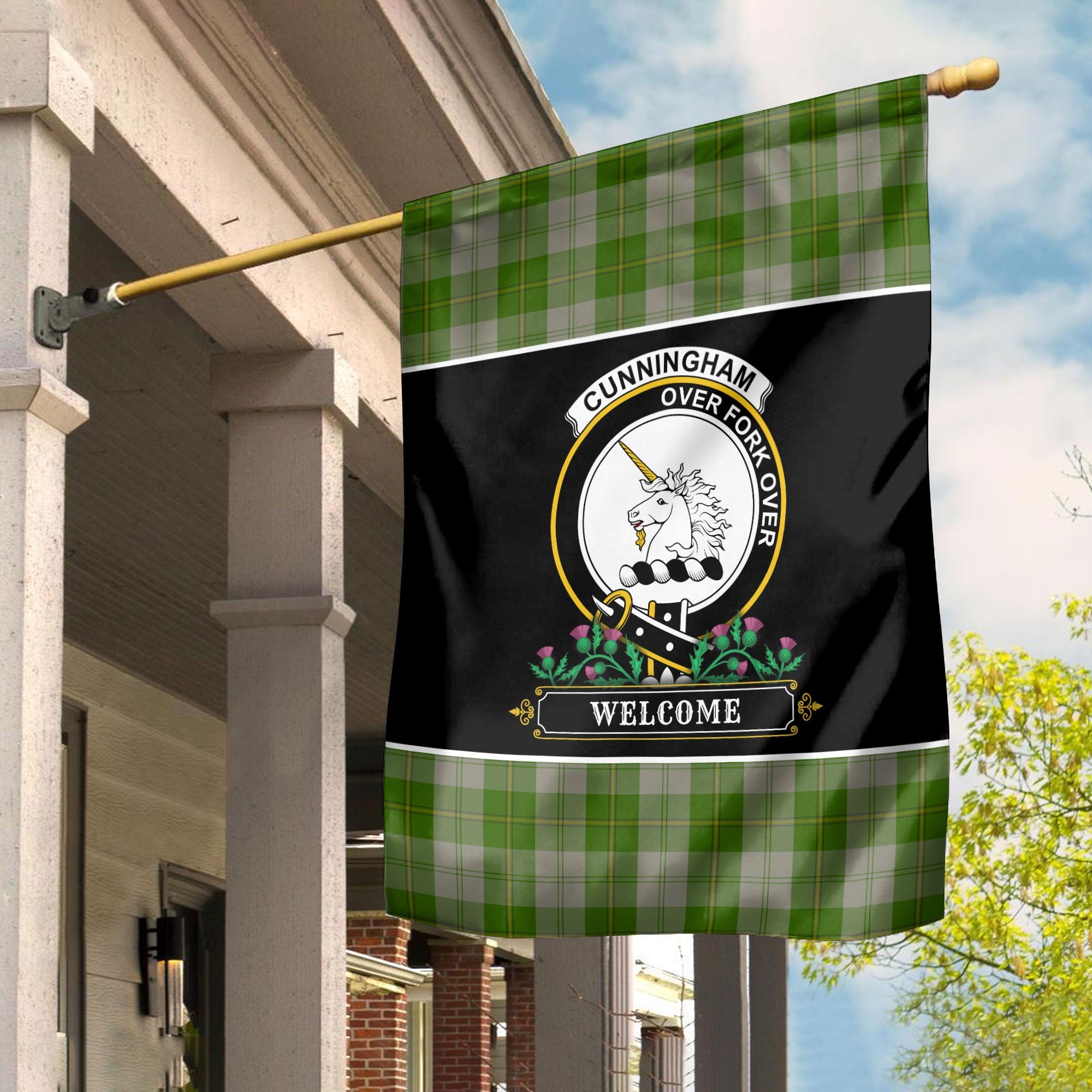 Clan Cunningham Dress Green Dancers Tartan Crest Garden Flag  - Welcome  AB36 Clan Cunningham Tartan Today   