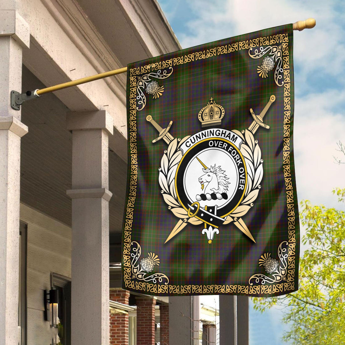 Clan Cunningham Hunting Modern Tartan Crest Garden Flag  - Celtic Thistle  SL94 Clan Cunningham Tartan Today   