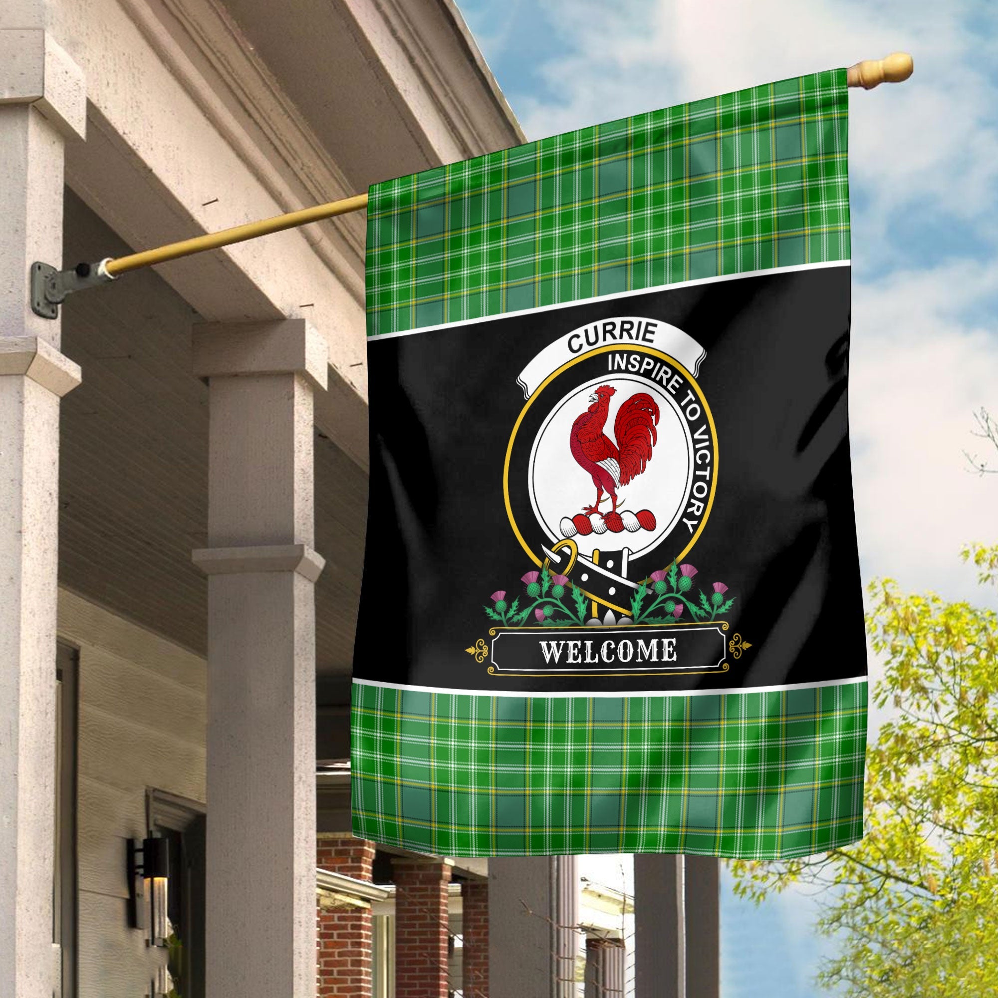 Clan Currie or Curry Tartan Crest Garden Flag  - Welcome  KE86 Clan Currie Tartan Today   