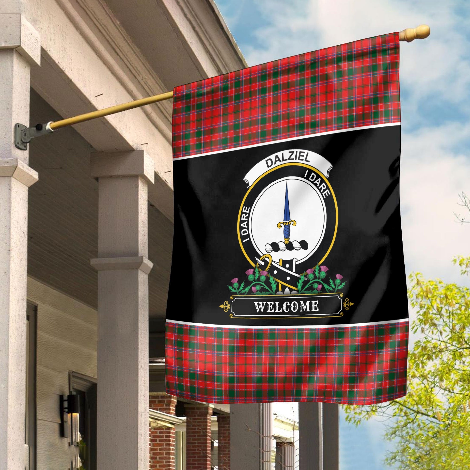 Clan Dalziel Modern Tartan Crest Garden Flag  - Welcome  AS38 Clan Dalziel Tartan Today   