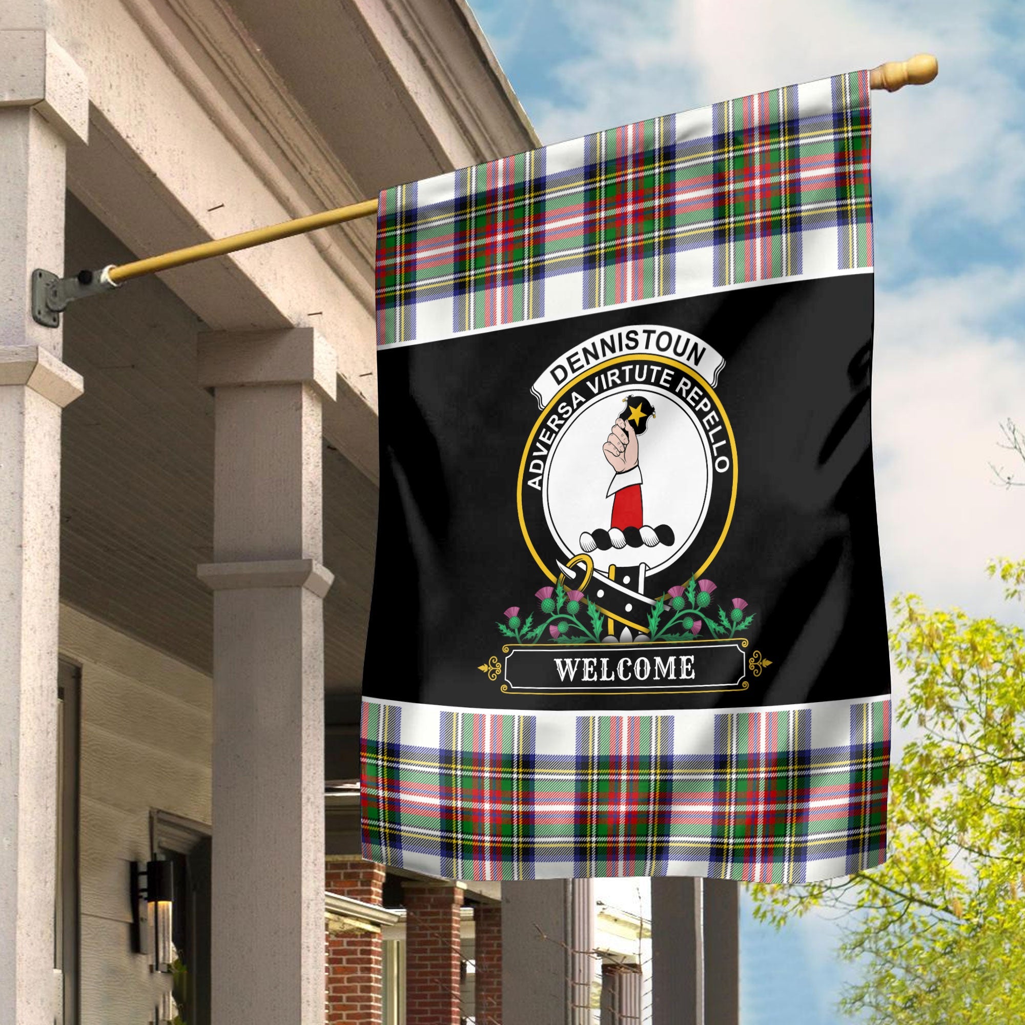 Clan Dennistoun Tartan Crest Garden Flag  - Welcome  VH32 Clan Dennistoun Tartan Today   