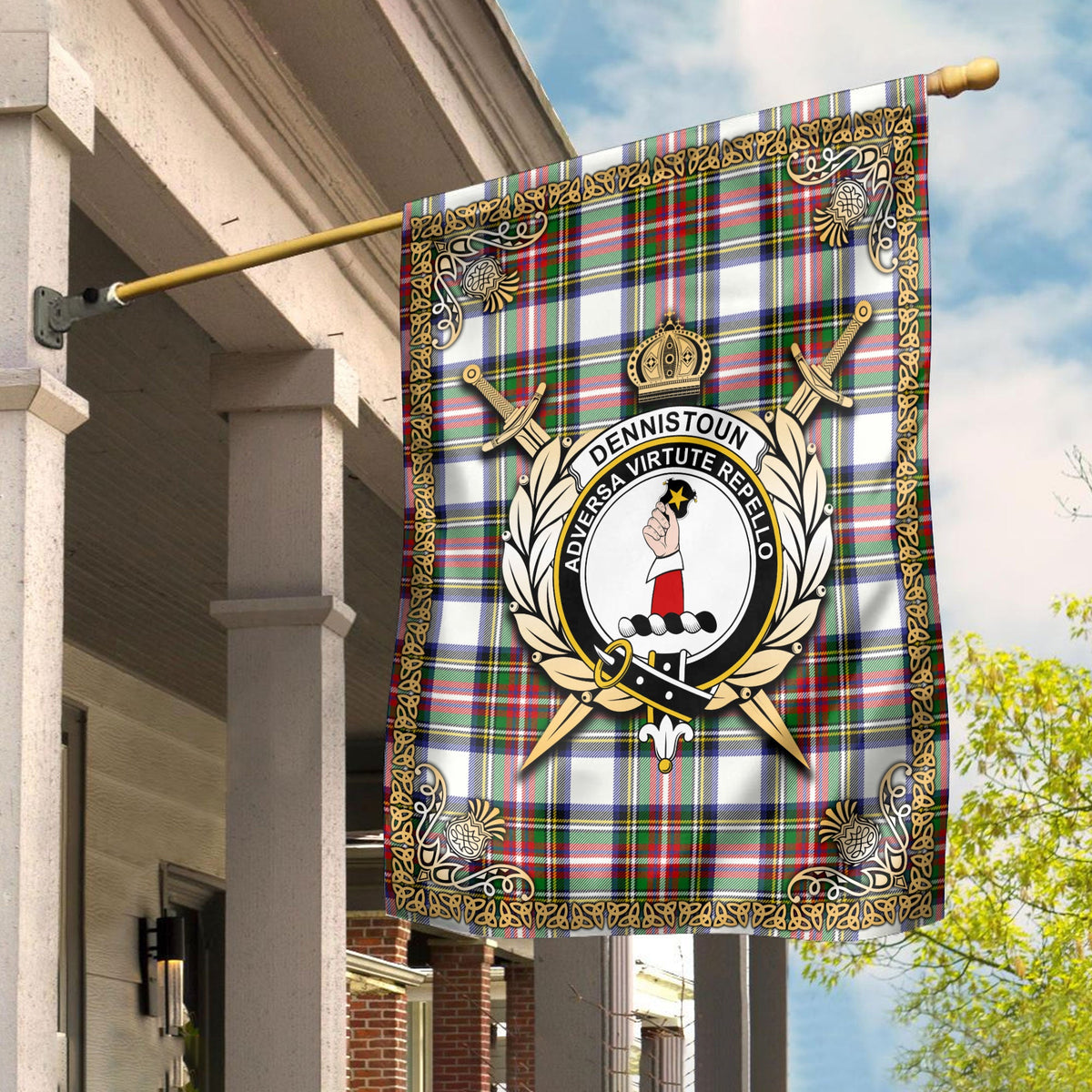 Clan Dennistoun Tartan Crest Garden Flag  - Celtic Thistle  OJ43 Clan Dennistoun Tartan Today   