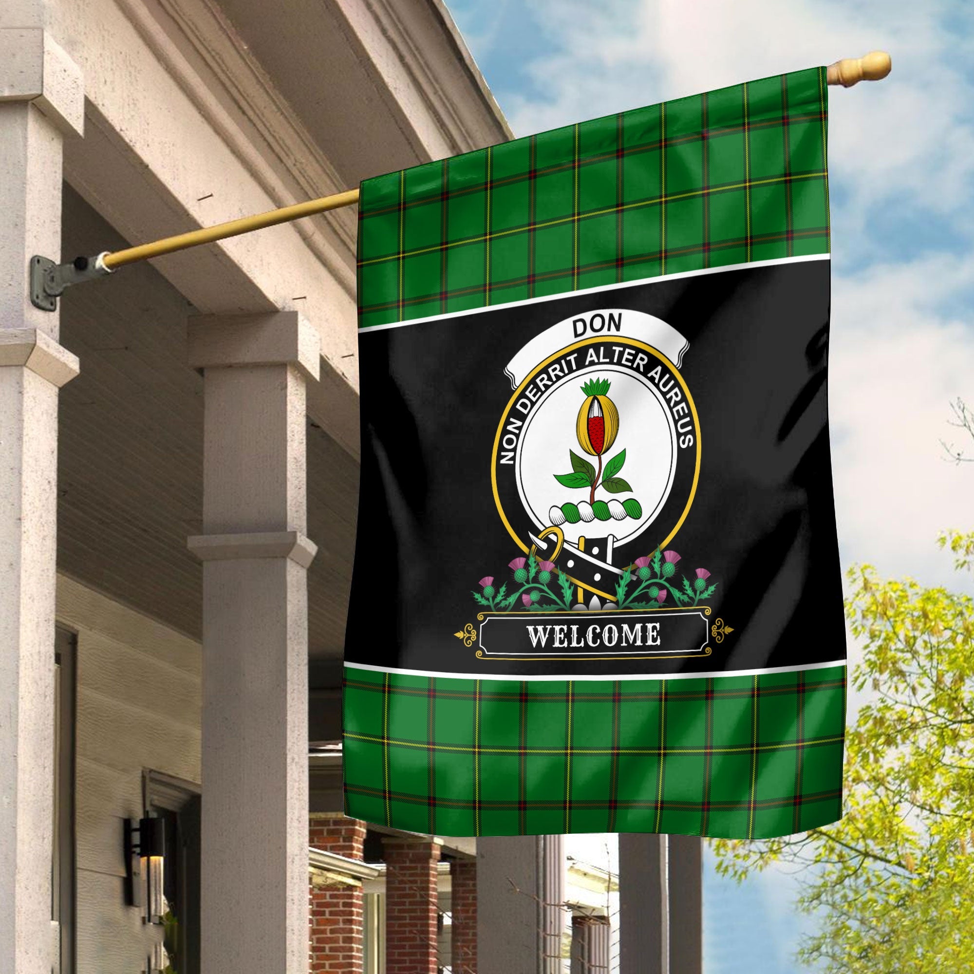 Clan Don Tartan Crest Garden Flag  - Welcome  VO82 Clan Don Tartan Today   