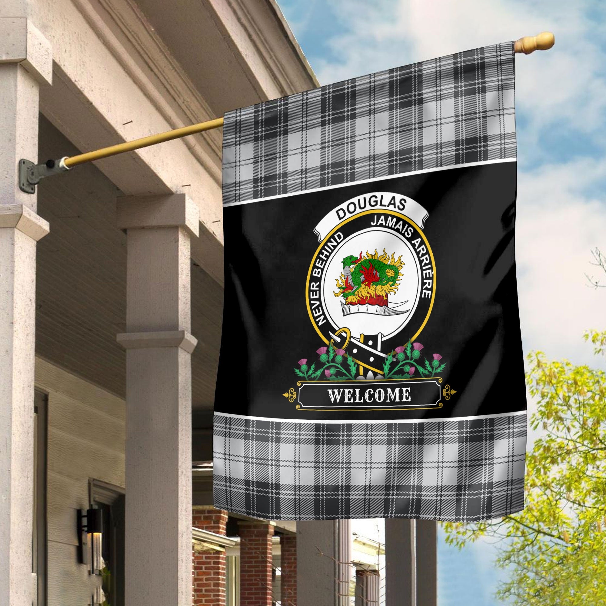 Clan Douglas Grey Modern Tartan Crest Garden Flag  - Welcome  NX64 Clan Douglas Tartan Today   