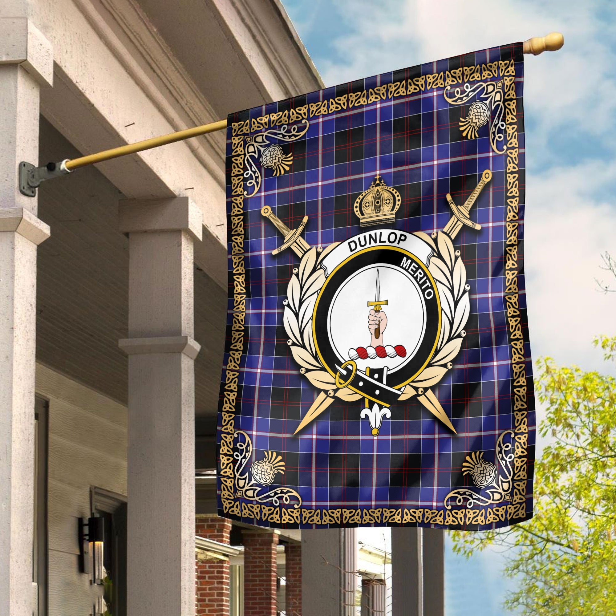 Clan Dunlop Modern Tartan Crest Garden Flag  - Celtic Thistle  VE47 Clan Dunlop Tartan Today   