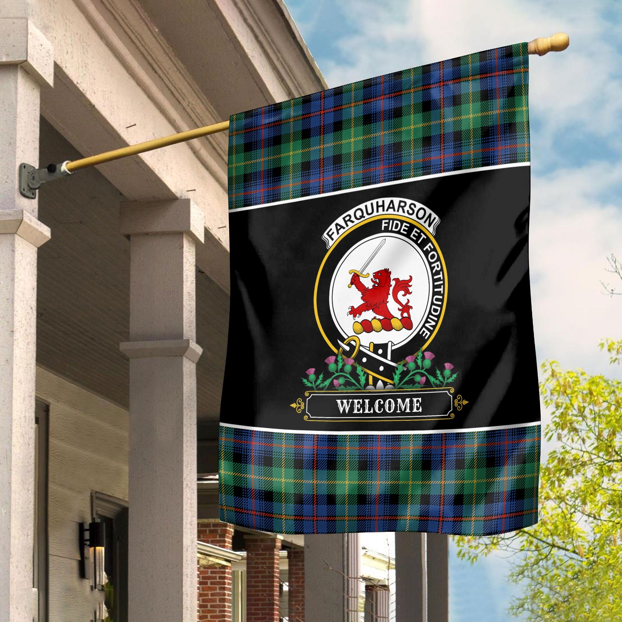 Clan Farquharson Ancient Tartan Crest Garden Flag  - Welcome  VE39 Clan Farquharson Tartan Today   