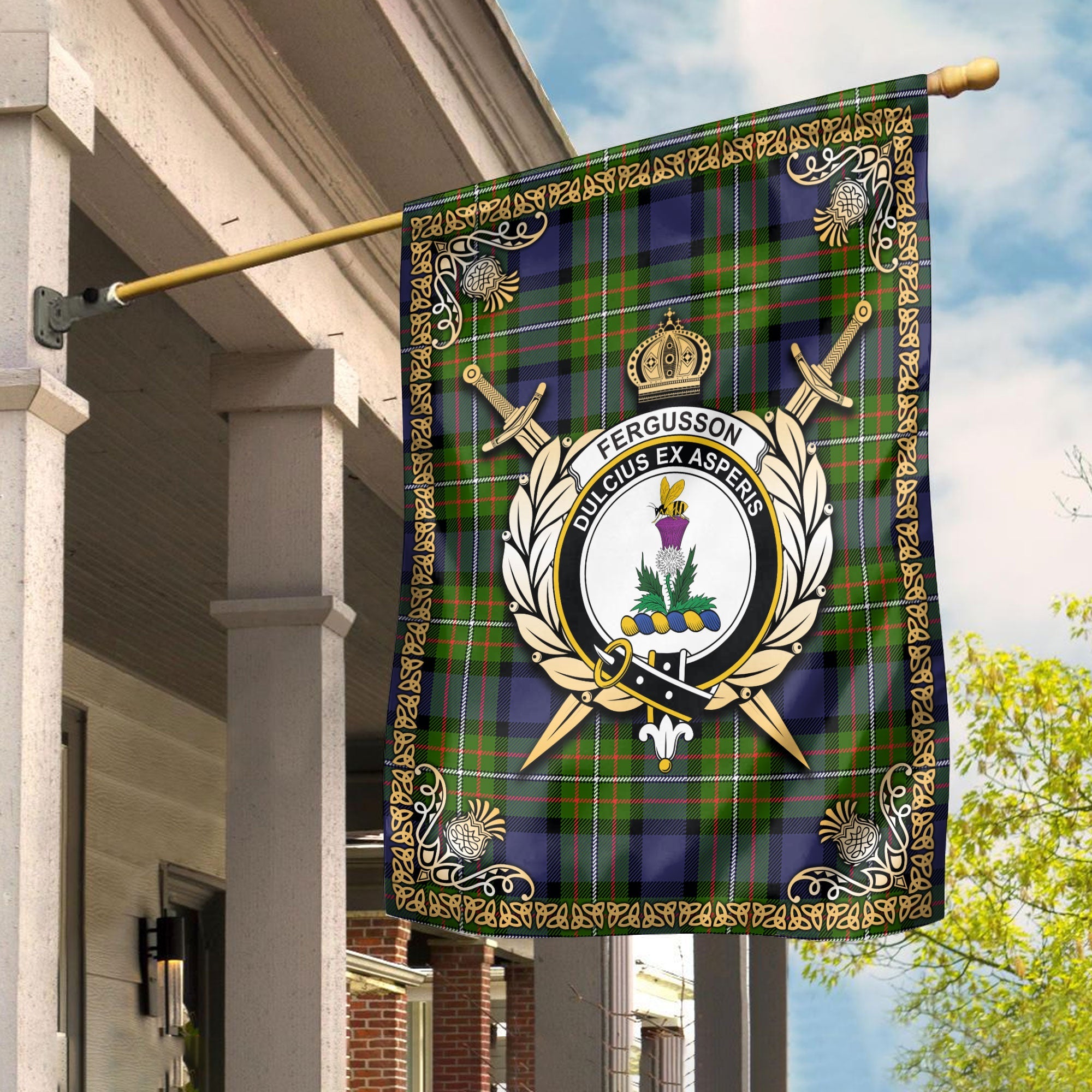 Clan Fergusson Modern Tartan Crest Garden Flag  - Celtic Thistle  ZH49 Clan Fergusson Tartan Today   