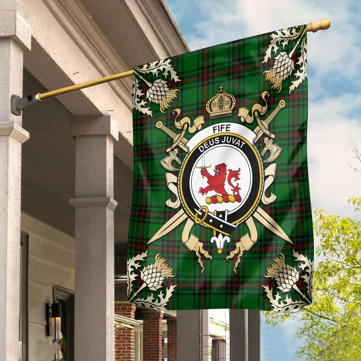 Clan Fife District Tartan Crest Black Garden Flag  - Gold Thistle  EP86 Clan Garden Tartan Today   