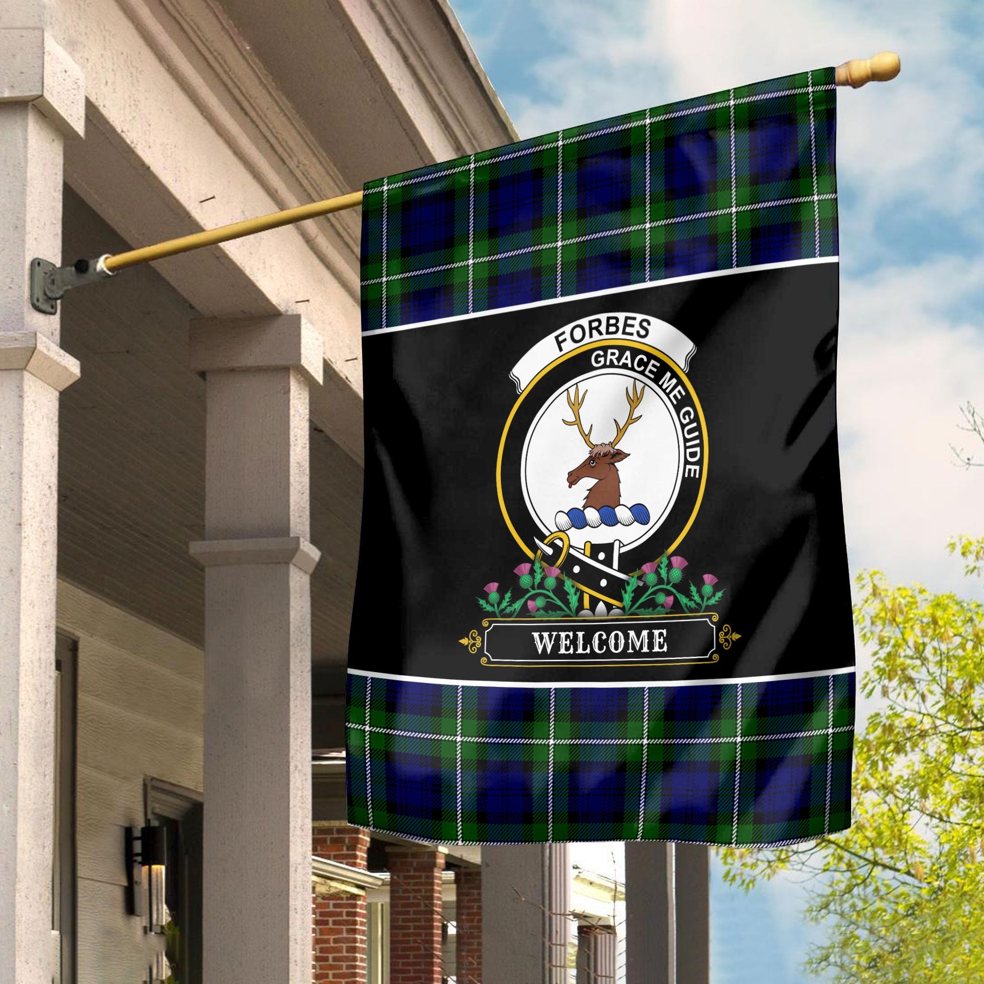 Clan Forbes Modern Tartan Crest Garden Flag  - Welcome  AL33 Clan Forbes Tartan Today   