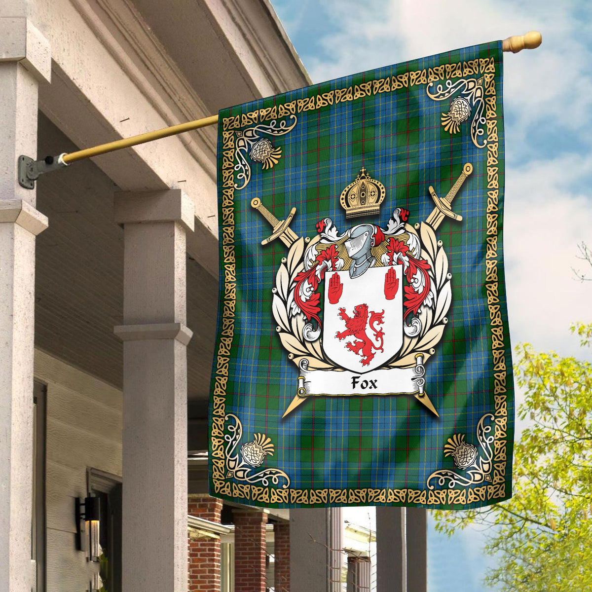 Clan Fox Hunting Tartan Crest Garden Flag  - Celtic Thistle  LW80 Clan Garden Tartan Today   